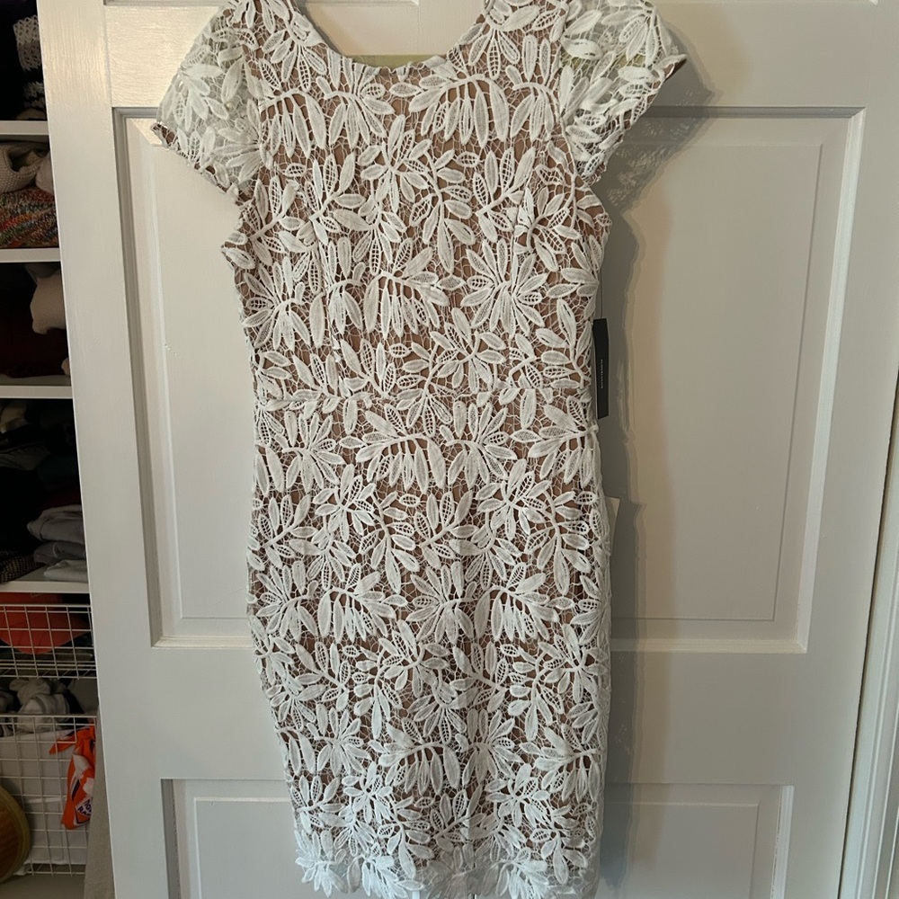 Lulu's White and Tan Sheath Midi Dress with Cap Sleeves
